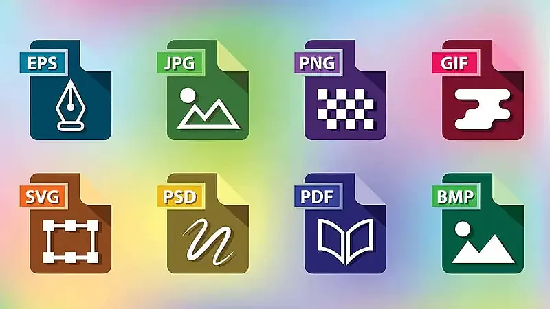Kumpulan ikon berwarna-warni yang mewakili berbagai jenis format gambar seperti JPG, PNG, GIF, SVG, PSD, PDF, BMP, dan EPS.